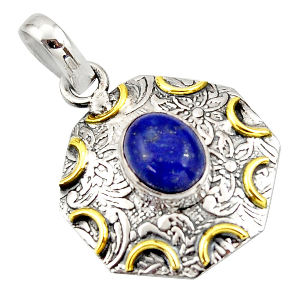 4.30cts natural blue lapis lazuli 925 sterling silver 14k gold pendant r37110