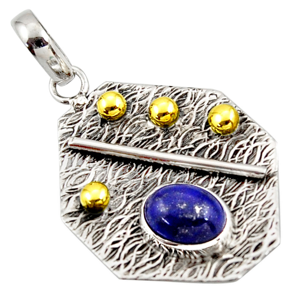 3.14cts natural blue lapis lazuli 925 sterling silver 14k gold pendant r37170