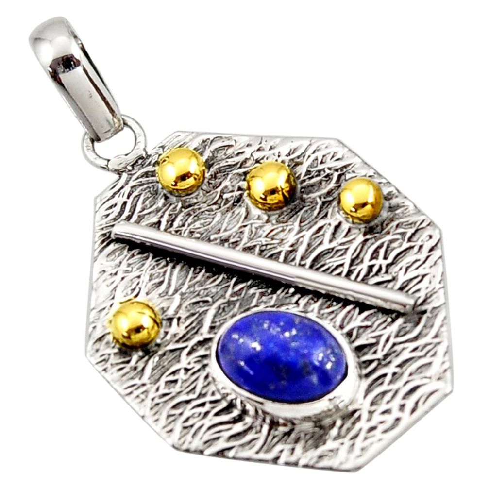 2.96cts natural blue lapis lazuli 925 sterling silver 14k gold pendant r37171