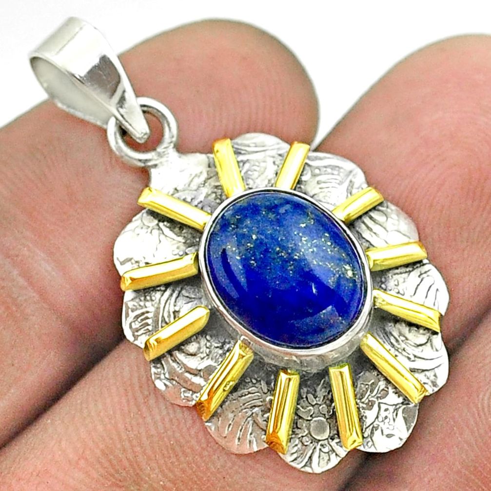 5.36cts natural blue lapis lazuli 925 sterling silver 14k gold pendant t55667
