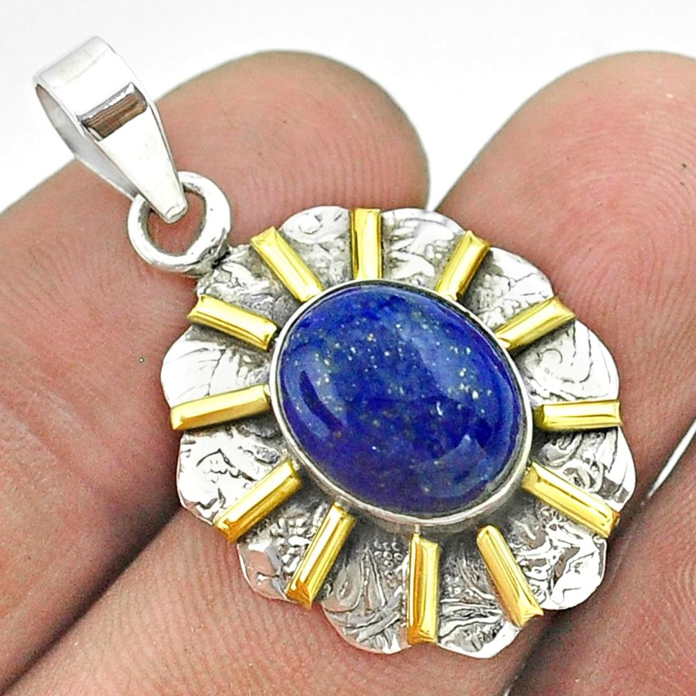 5.12cts natural blue lapis lazuli 925 sterling silver 14k gold pendant t55673