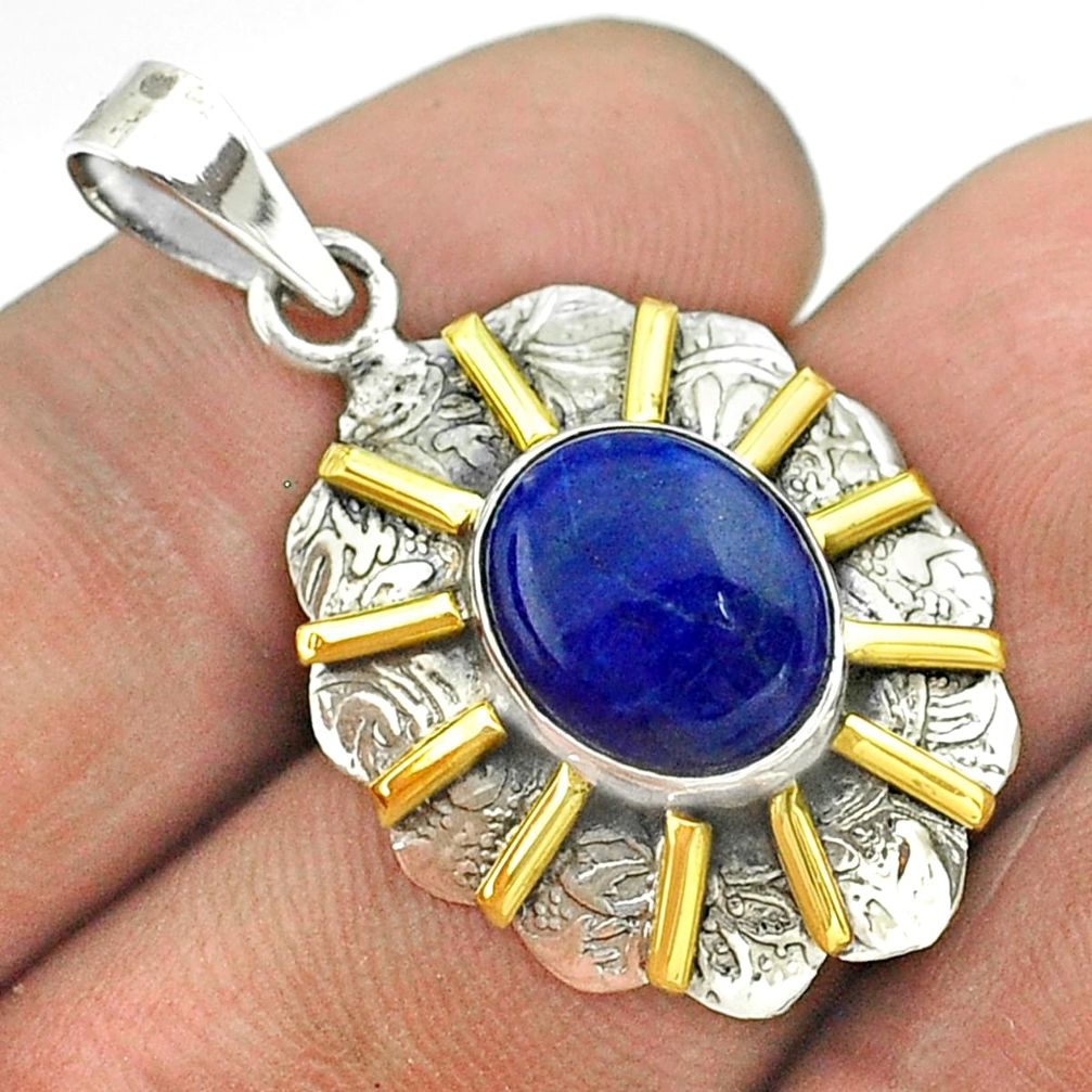 4.92cts natural blue lapis lazuli 925 sterling silver 14k gold pendant t55689