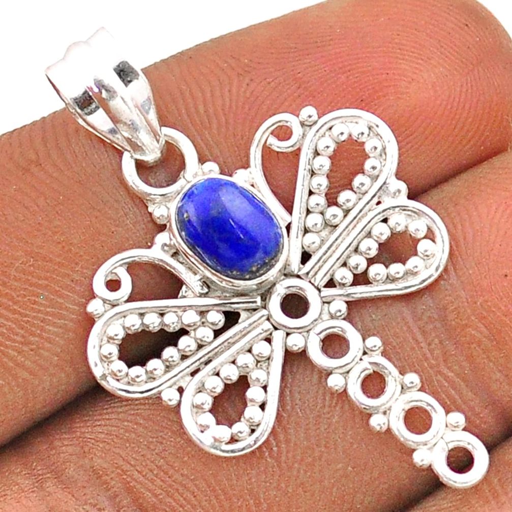 1.57cts natural blue lapis lazuli 925 sterling silver dragonfly pendant t84822