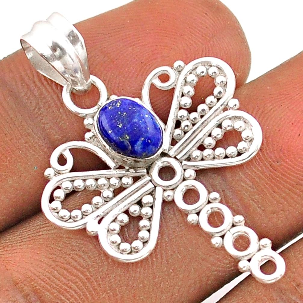 1.57cts natural blue lapis lazuli 925 sterling silver dragonfly pendant t84825