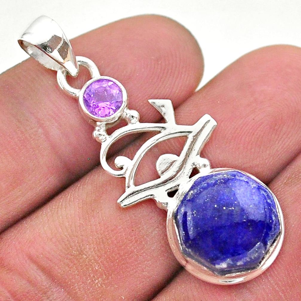 6.53cts natural blue lapis lazuli amethyst 925 silver horse eye pendant t46383