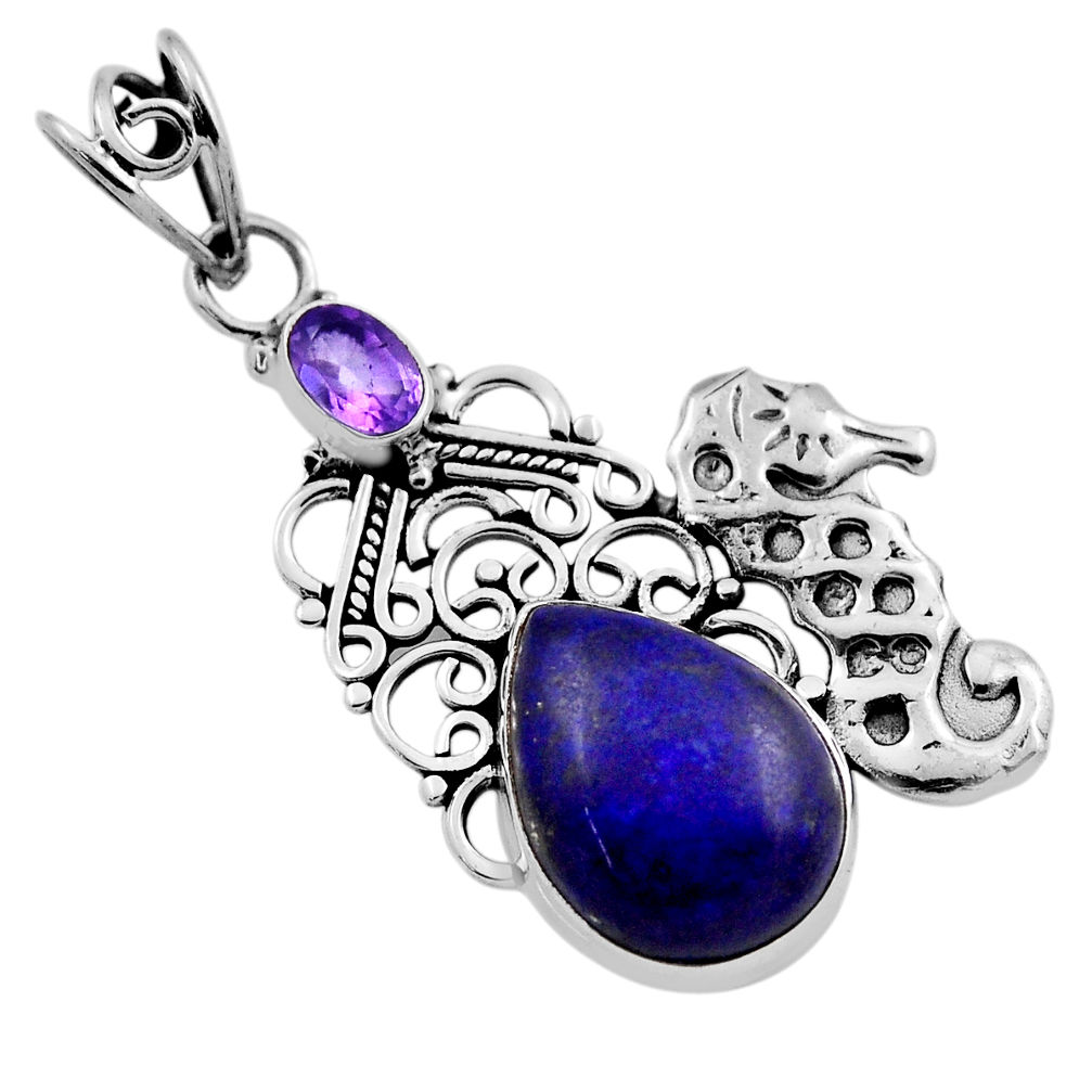 10.41cts natural blue lapis lazuli amethyst 925 silver seahorse pendant n25293