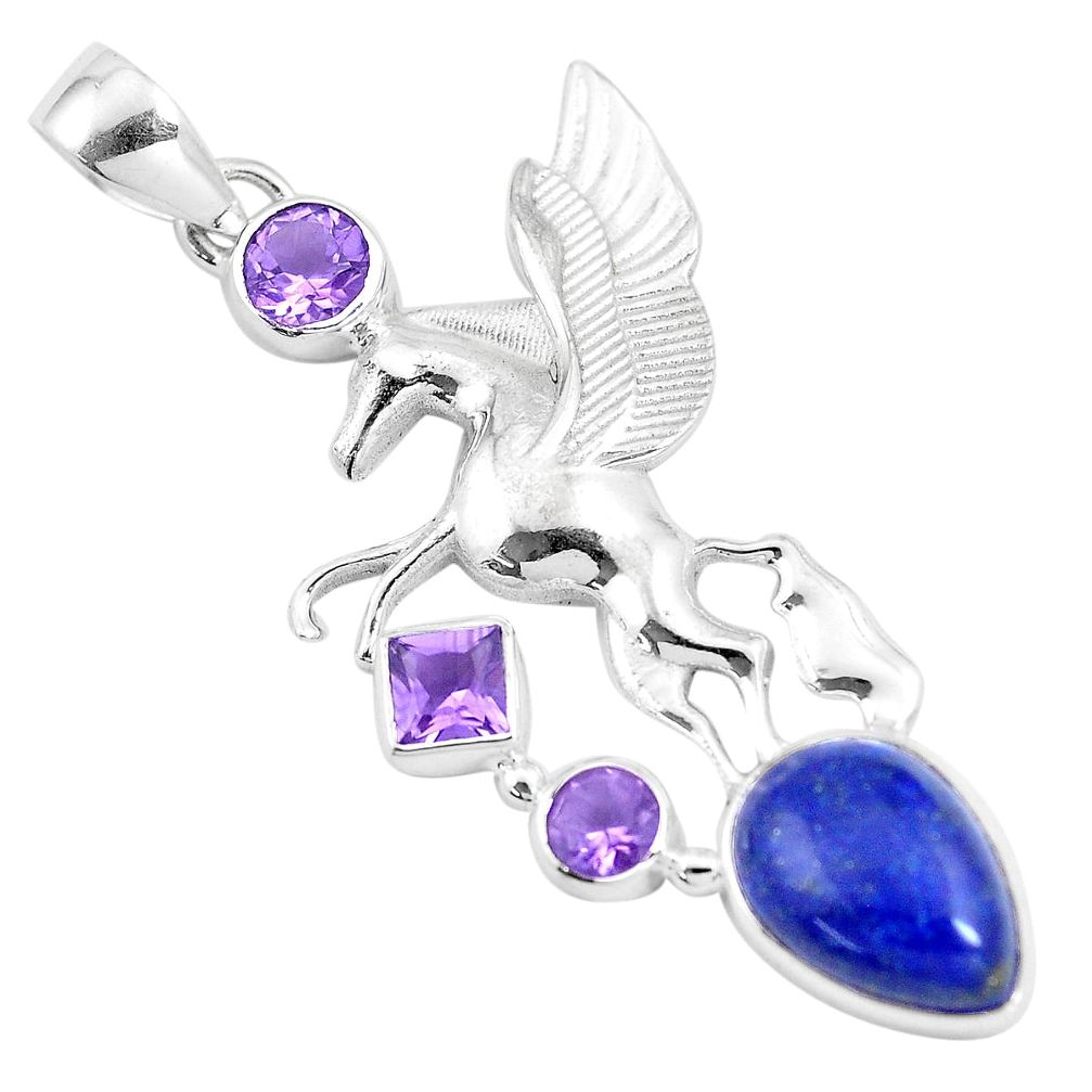 11.63cts natural blue lapis lazuli amethyst 925 silver unicorn pendant p16086