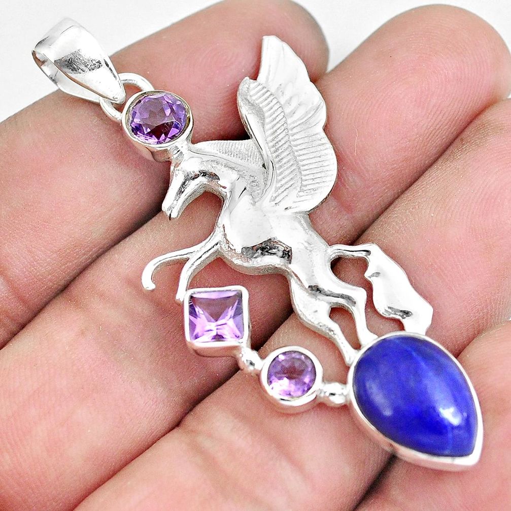 blue lapis lazuli amethyst 925 silver unicorn pendant p59311