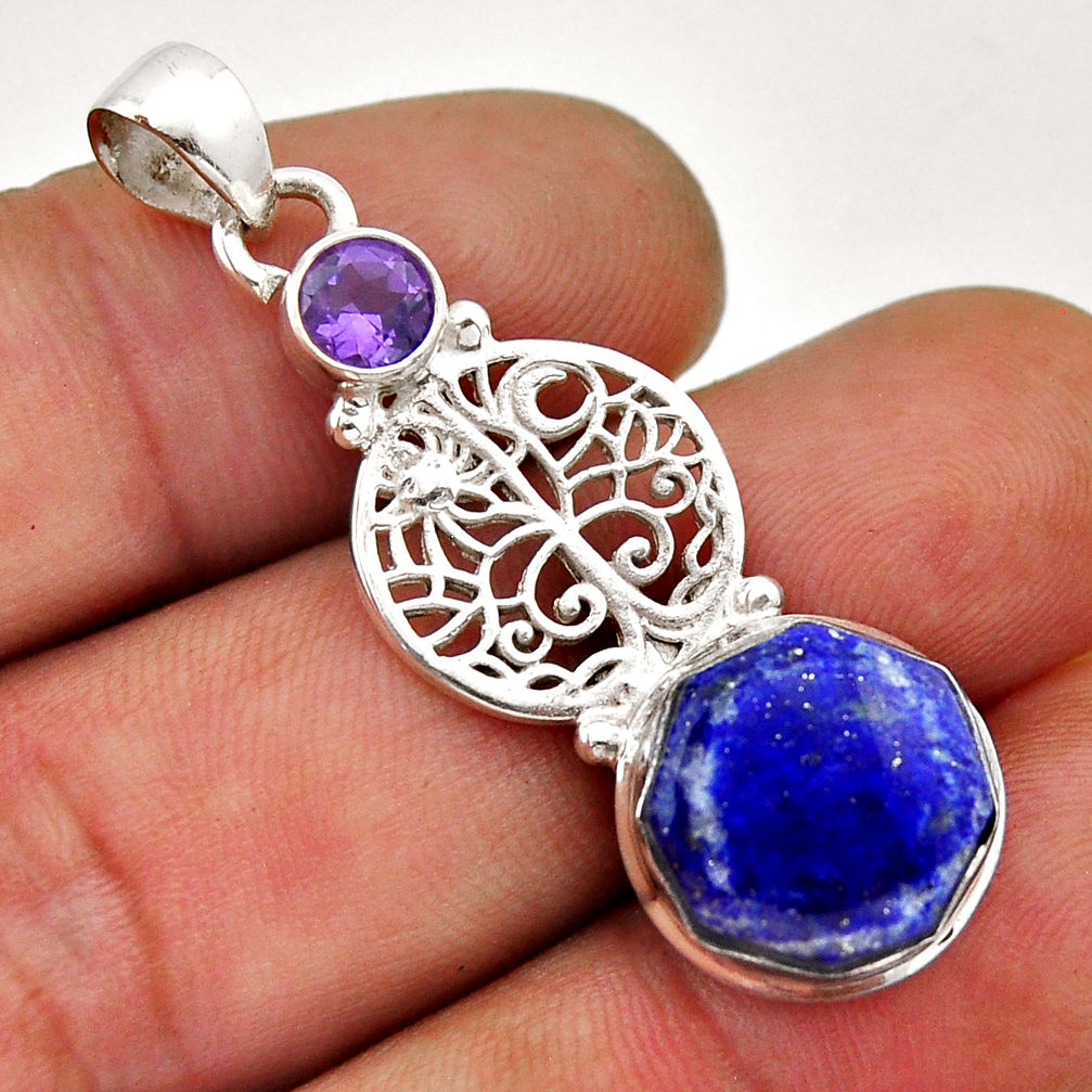 6.71cts natural blue lapis lazuli amethyst silver tree of life pendant n51610