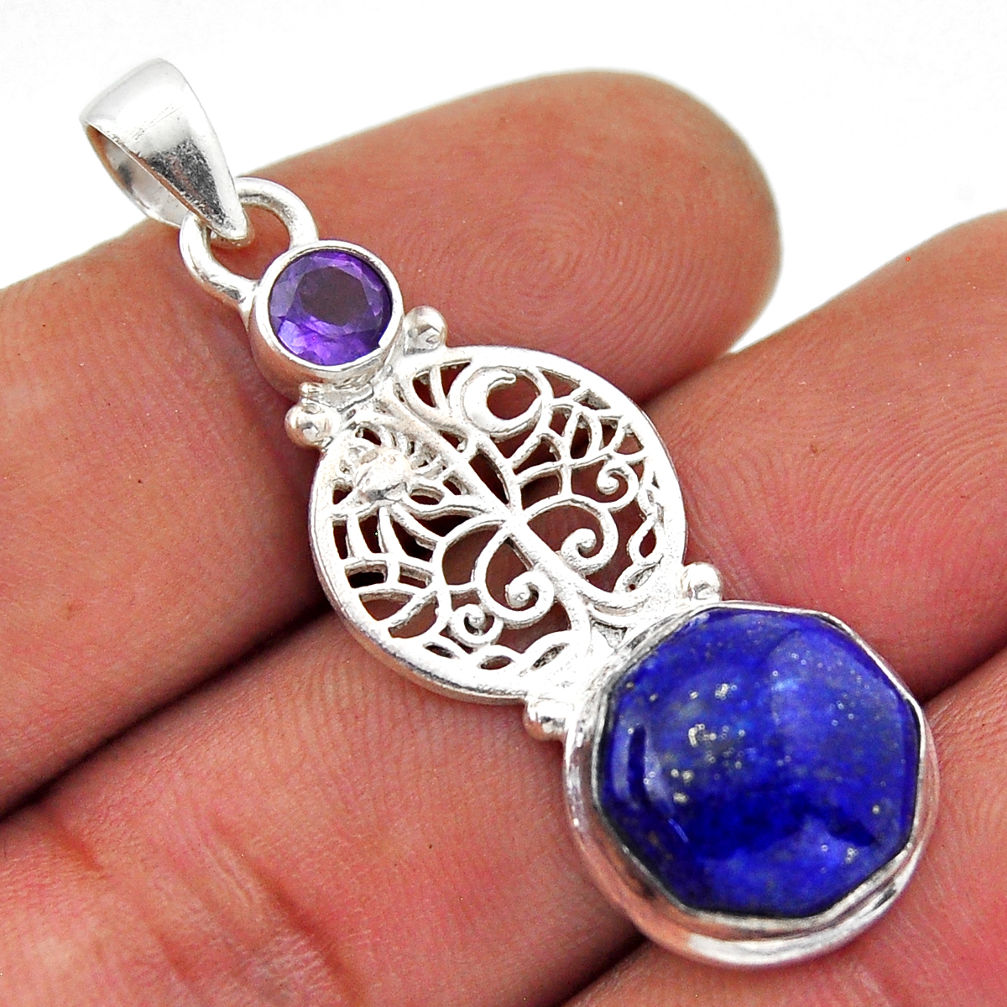 7.27cts natural blue lapis lazuli amethyst silver tree of life pendant n51625
