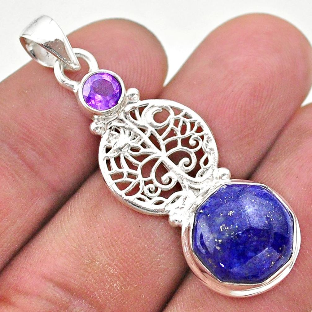 6.54cts natural blue lapis lazuli amethyst silver tree of life pendant t46381