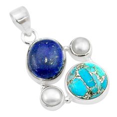 8.87cts natural blue lapis lazuli copper turquoise pearl silver pendant u32006