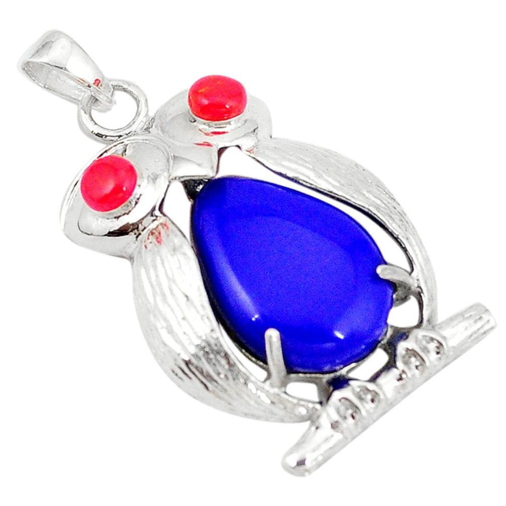 Natural blue lapis lazuli coral 925 sterling silver owl pendant c12543