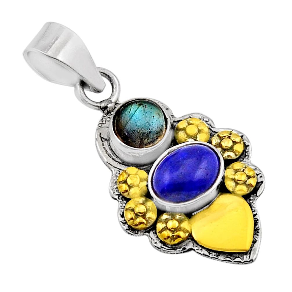 2.81cts natural blue lapis lazuli labradorit silver gold heart pendant y91884