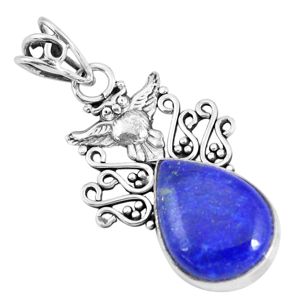 13.15cts natural blue lapis lazuli pear 925 sterling silver owl pendant p59774