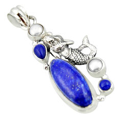 12.85cts natural blue lapis lazuli pearl 925 silver fairy mermaid pendant r20373