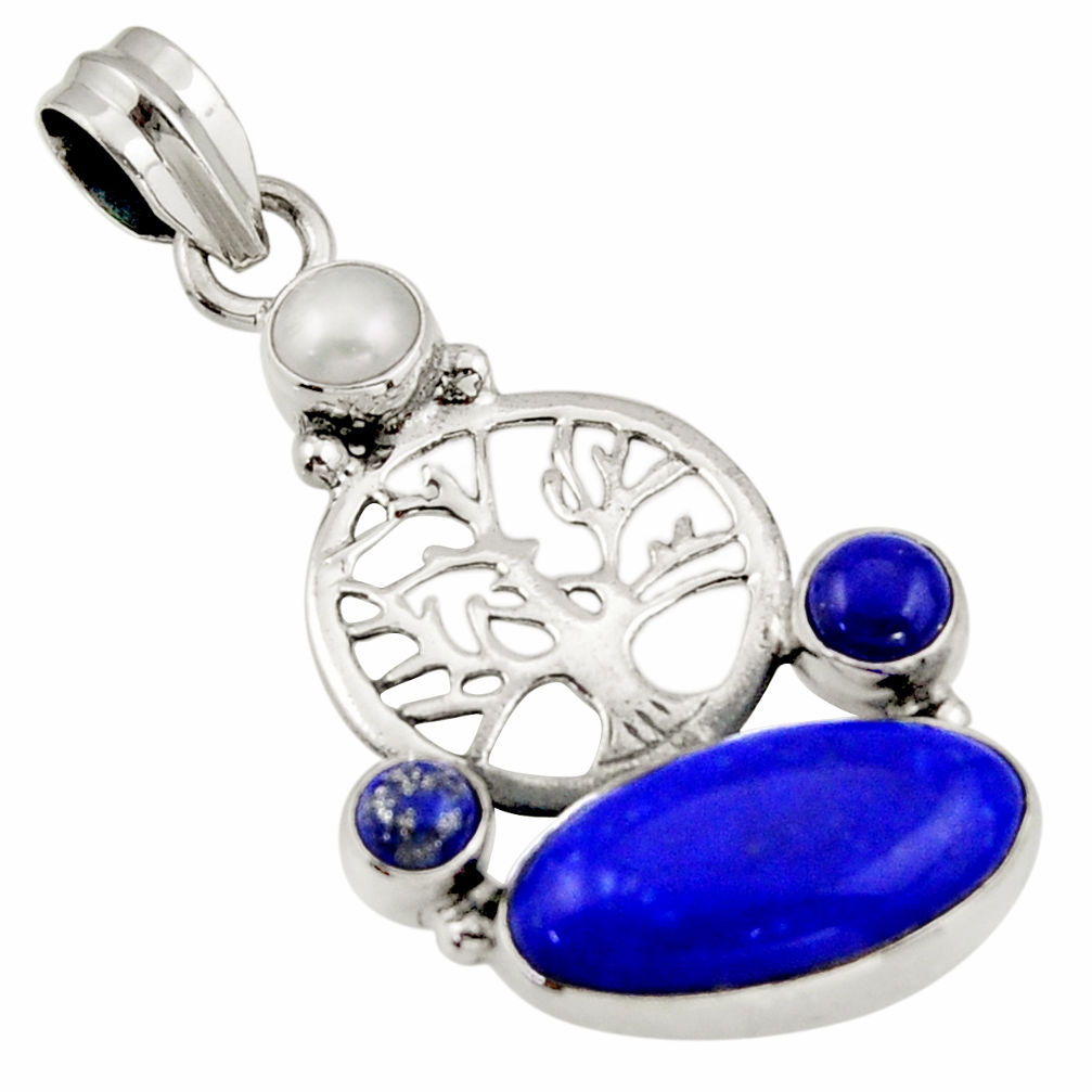 12.07cts natural blue lapis lazuli pearl 925 silver tree of life pendant d47259