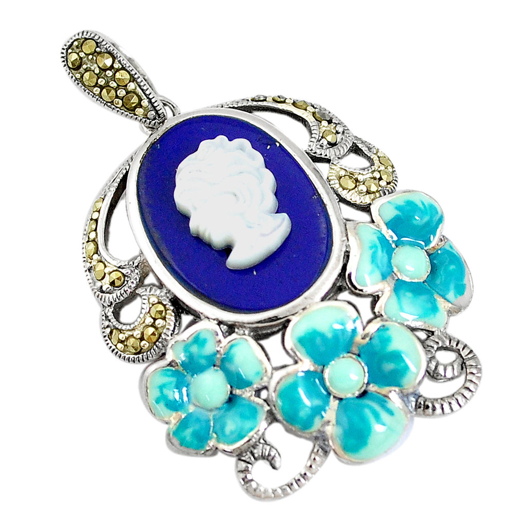 Natural blue lapis lazuli pearl enamel lady face 925 silver pendant c16670