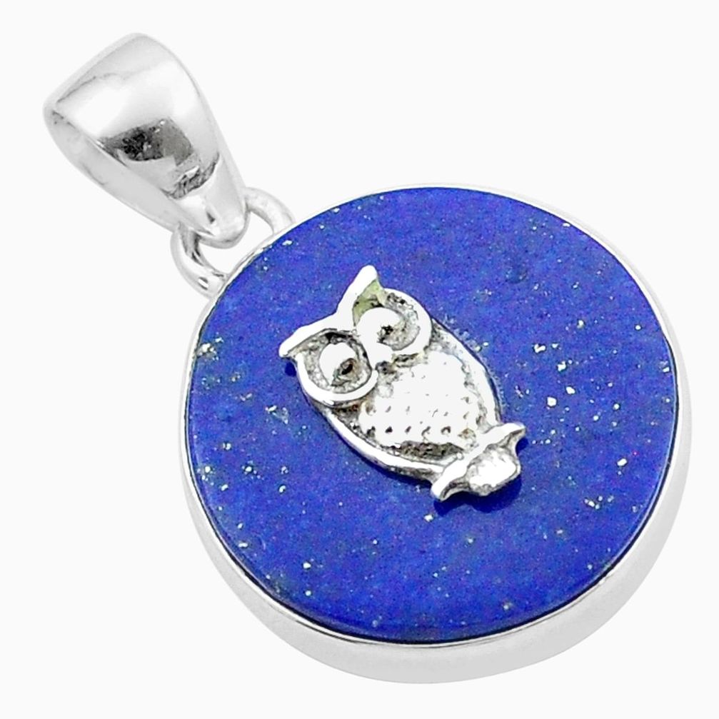 14.69cts natural blue lapis lazuli round 925 sterling silver owl coin enamel pendant u34640