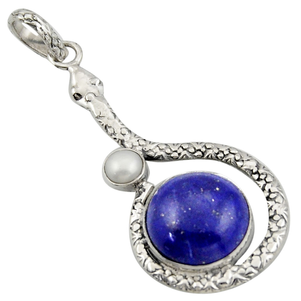 13.57cts natural blue lapis lazuli white pearl 925 silver snake pendant d47276