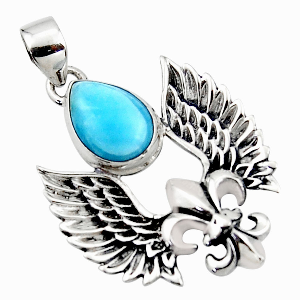 5.38cts natural blue larimar 925 silver feather charm pendant jewelry r52863
