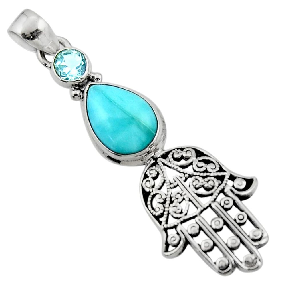 6.38cts natural blue larimar 925 silver hand of god hamsa pendant jewelry r52787