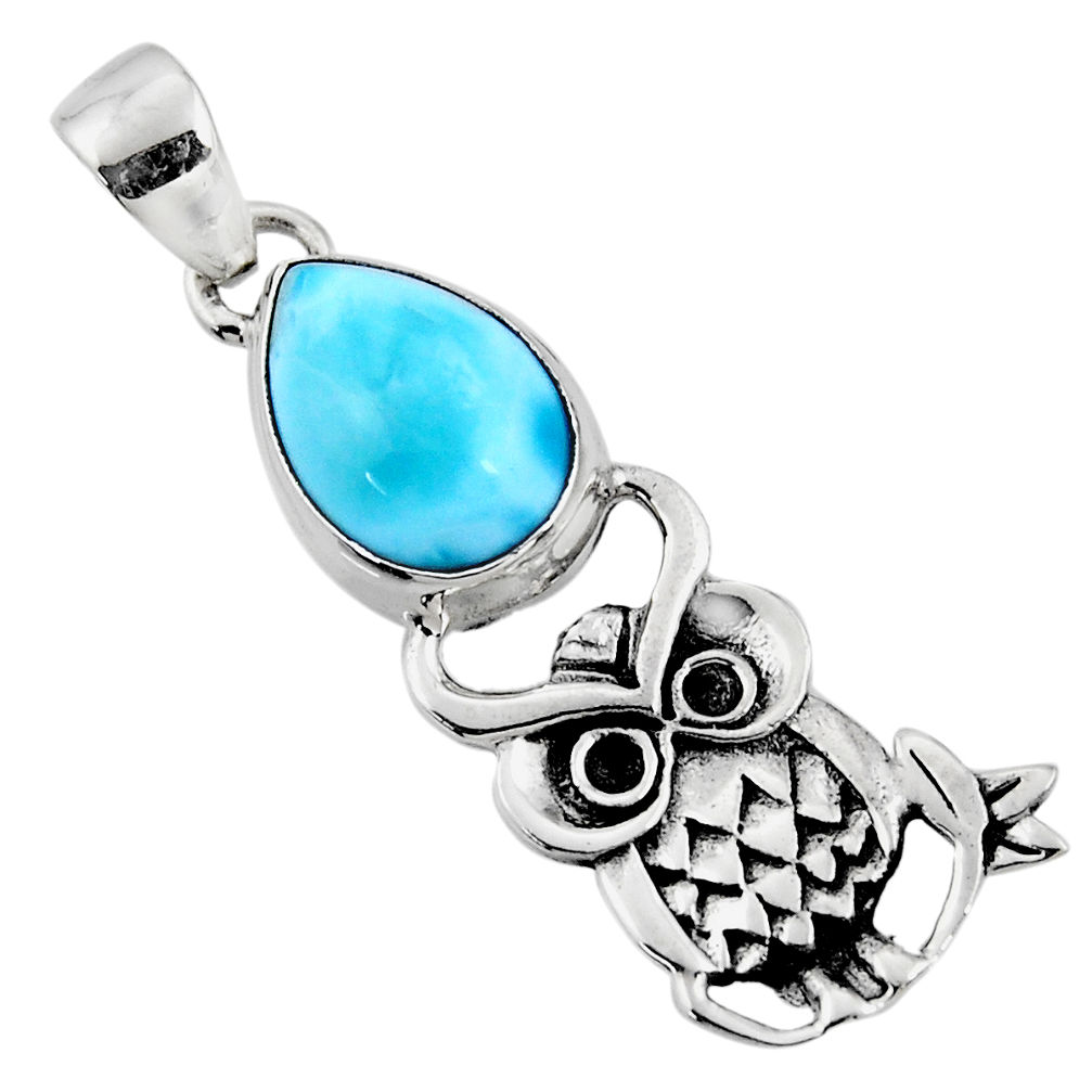 5.38cts natural blue larimar 925 sterling silver owl pendant jewelry r52912