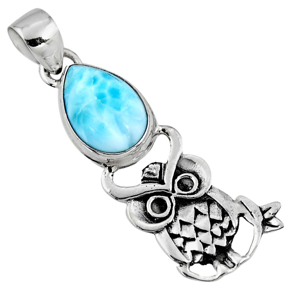 5.38cts natural blue larimar 925 sterling silver owl pendant jewelry r52913