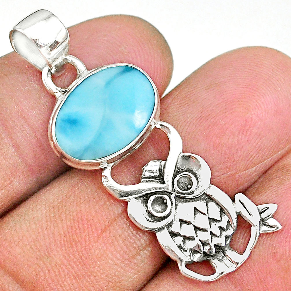 4.63cts natural blue larimar 925 sterling silver owl pendant jewelry r90494