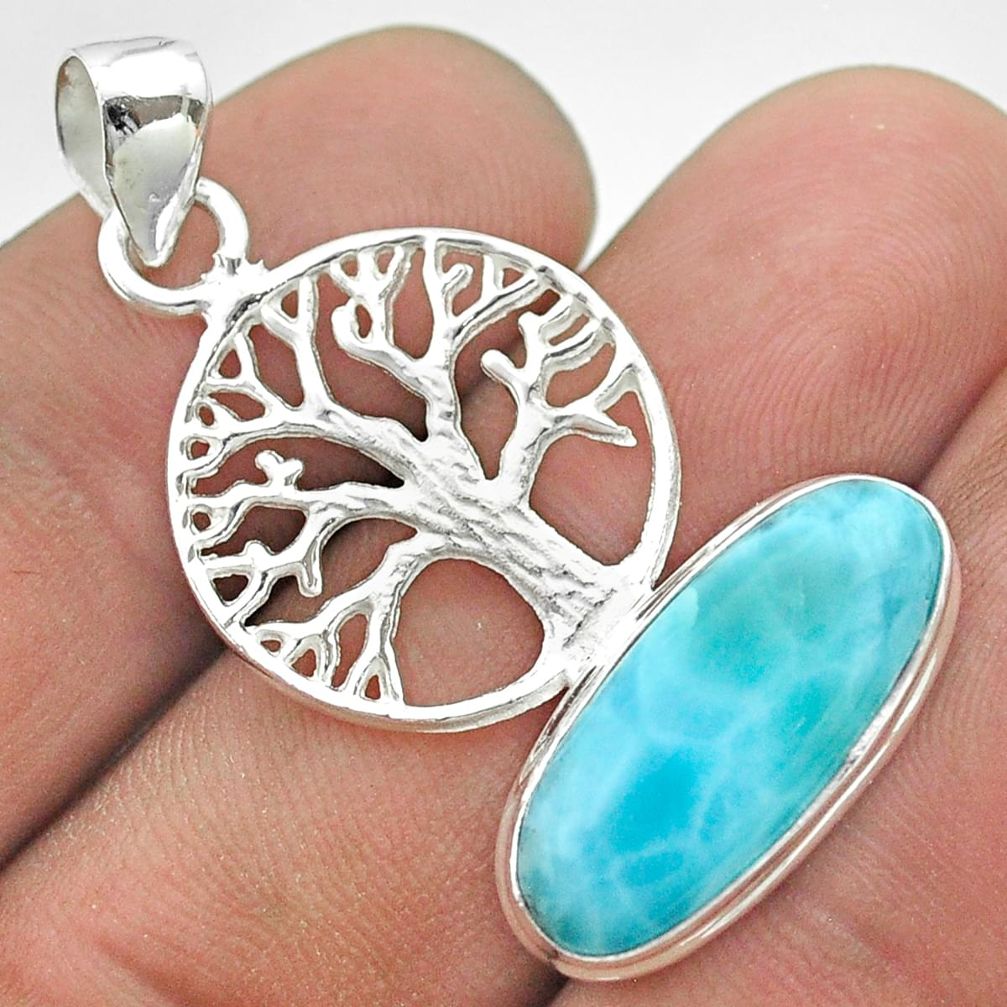 7.61cts natural blue larimar 925 sterling silver tree of life pendant t56689