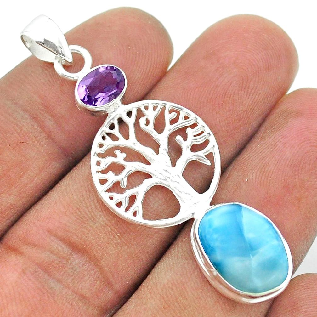 7.54cts natural blue larimar amethyst 925 silver tree of life pendant t56599