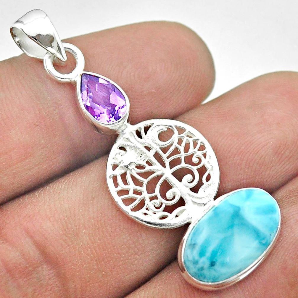 7.62cts natural blue larimar amethyst 925 silver tree of life pendant t56635