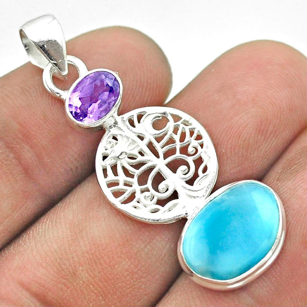 7.97cts natural blue larimar amethyst 925 silver tree of life pendant t56641