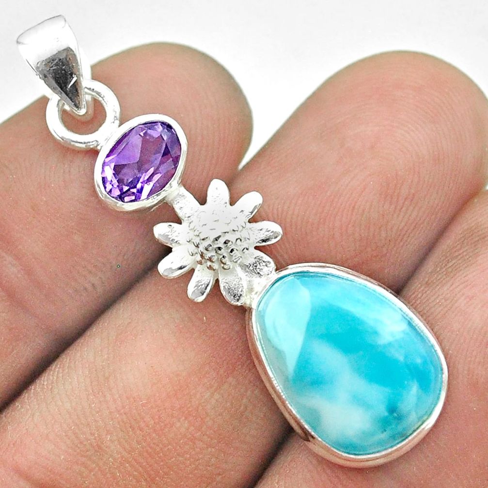 8.31cts natural blue larimar amethyst 925 sterling silver flower pendant t56664