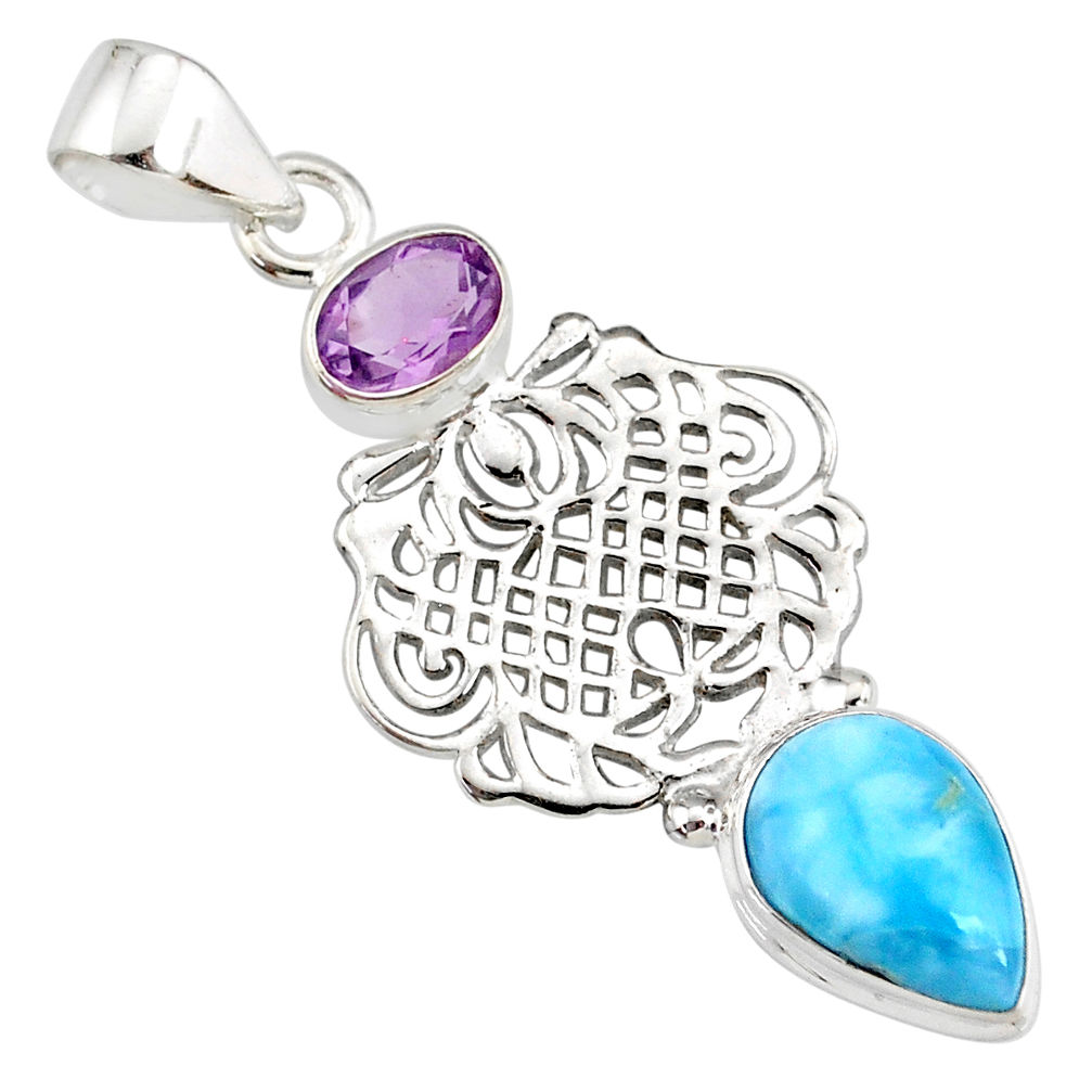 7.30cts natural blue larimar amethyst 925 silver handmade pendant r78369