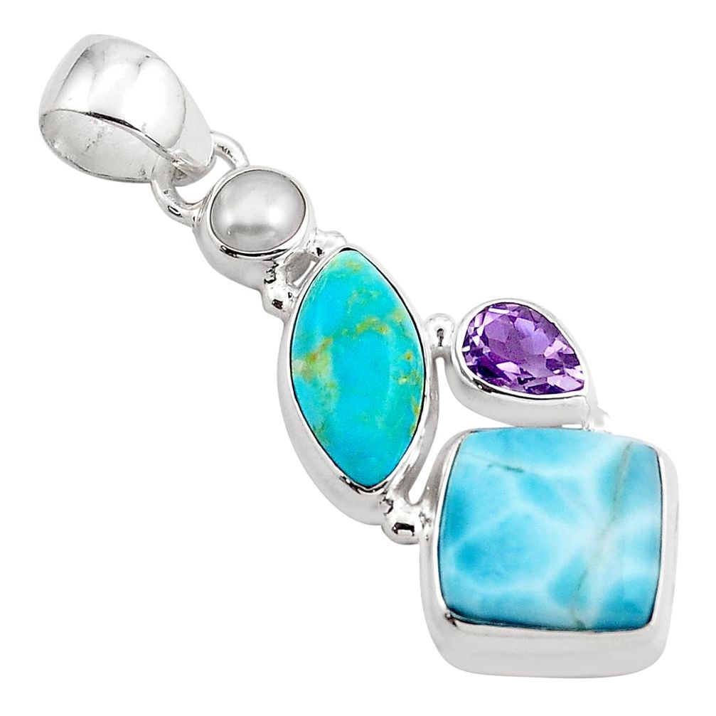 15.55cts natural blue larimar amethyst pearl 925 sterling silver pendant p88969