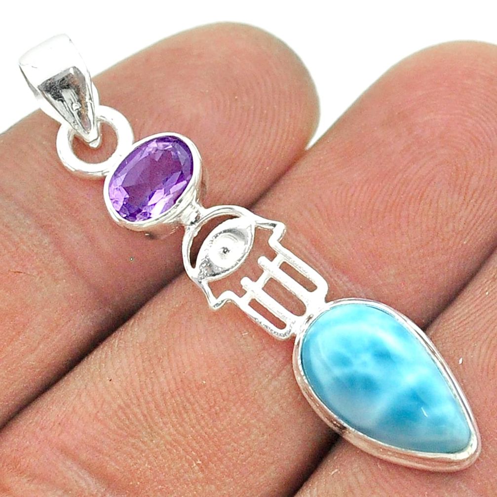 7.93cts natural blue larimar amethyst silver hand of god hamsa pendant t56593