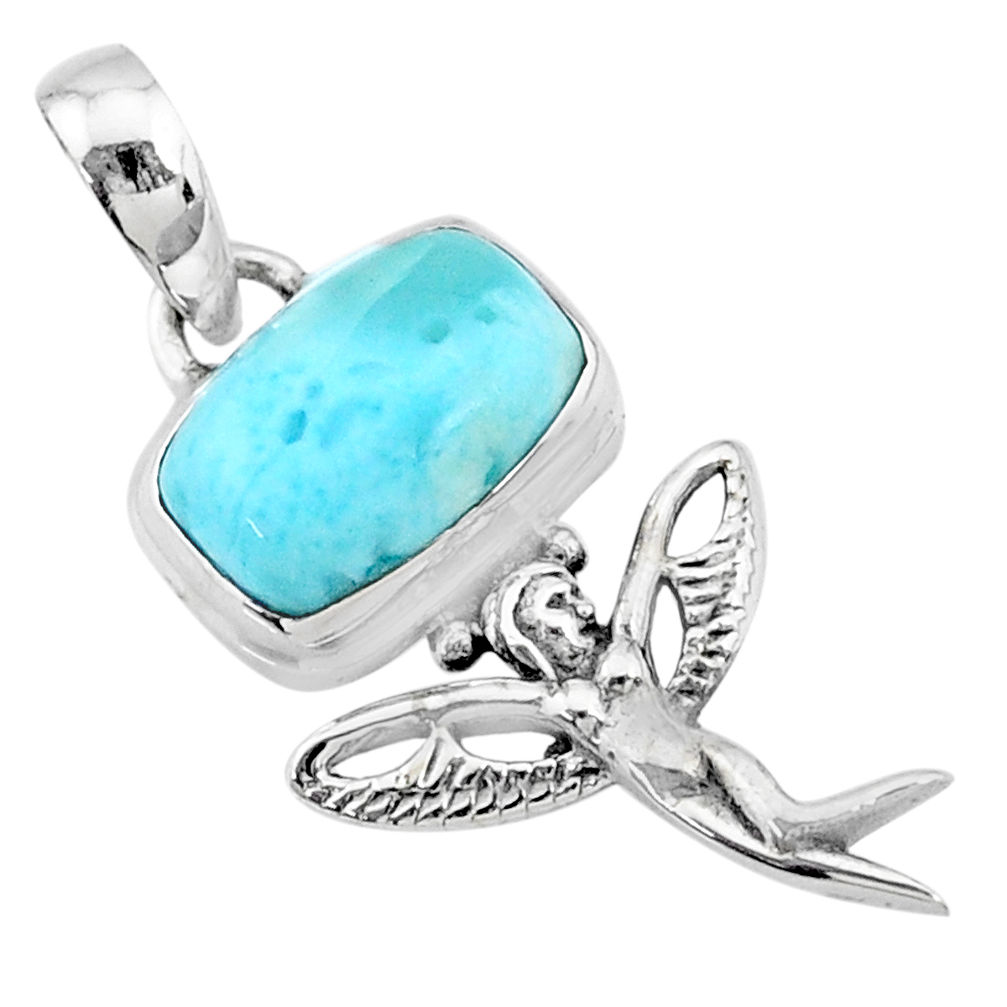 3.90cts natural blue larimar octagan silver angel wings fairy pendant r72341