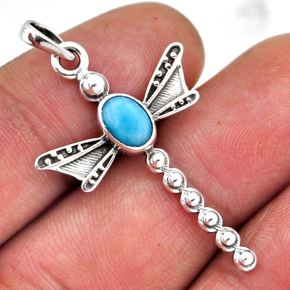 1.36cts natural blue larimar oval 925 sterling silver dragonfly pendant n45666