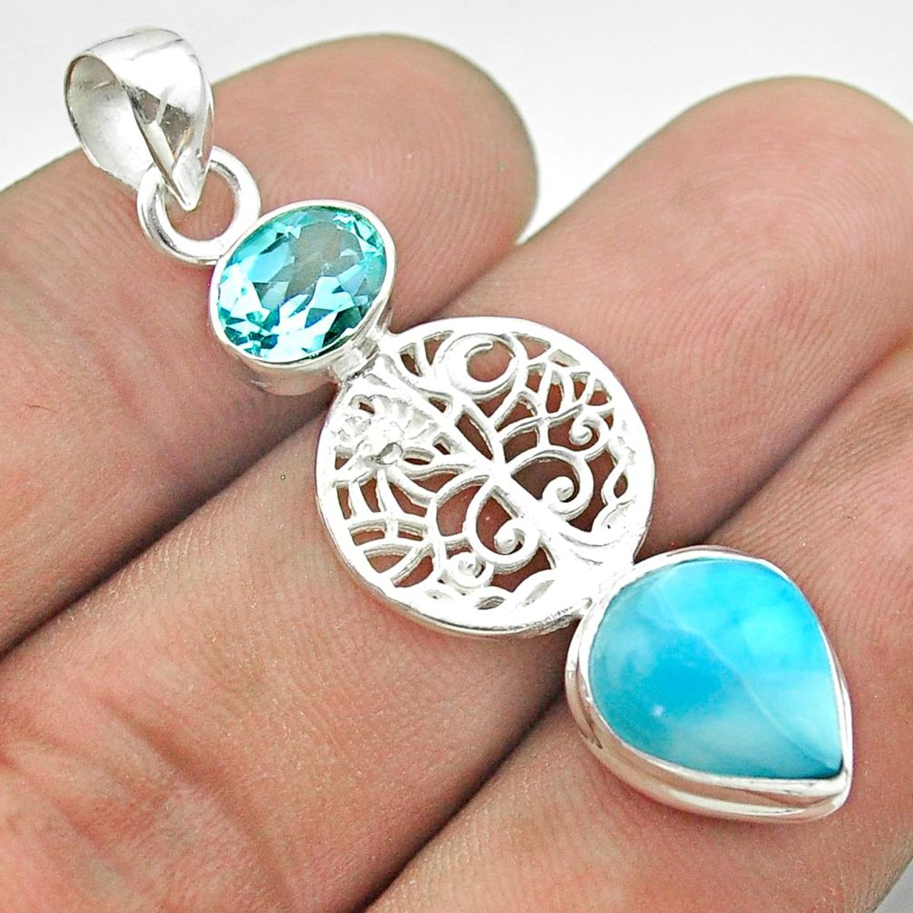 7.60cts natural blue larimar pear topaz 925 silver tree of life pendant t56679