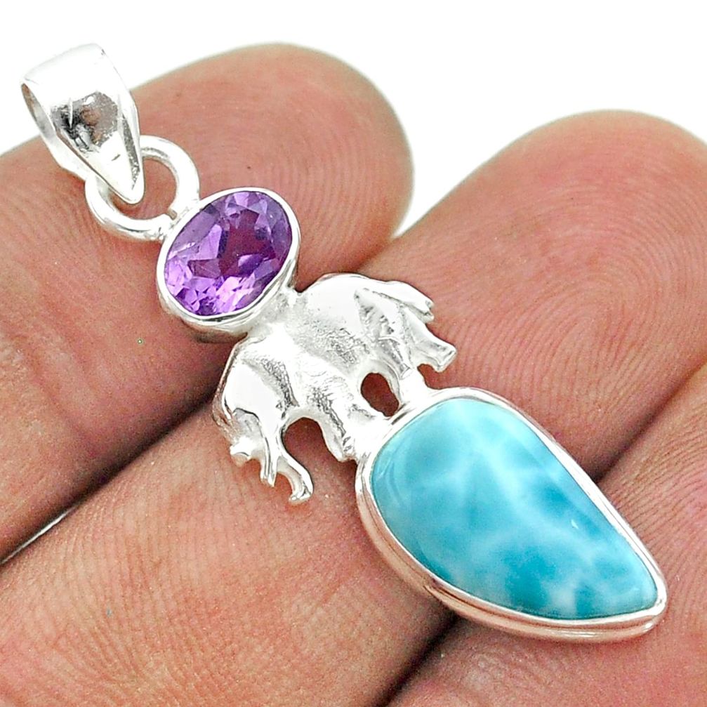 6.45cts natural blue larimar purple amethyst 925 silver elephant pendant t56614