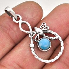 0.91cts natural blue larimar round 925 sterling silver dragonfly pendant n45121
