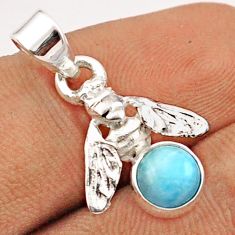 1.12cts natural blue larimar round 925 sterling silver honey bee pendant u13707