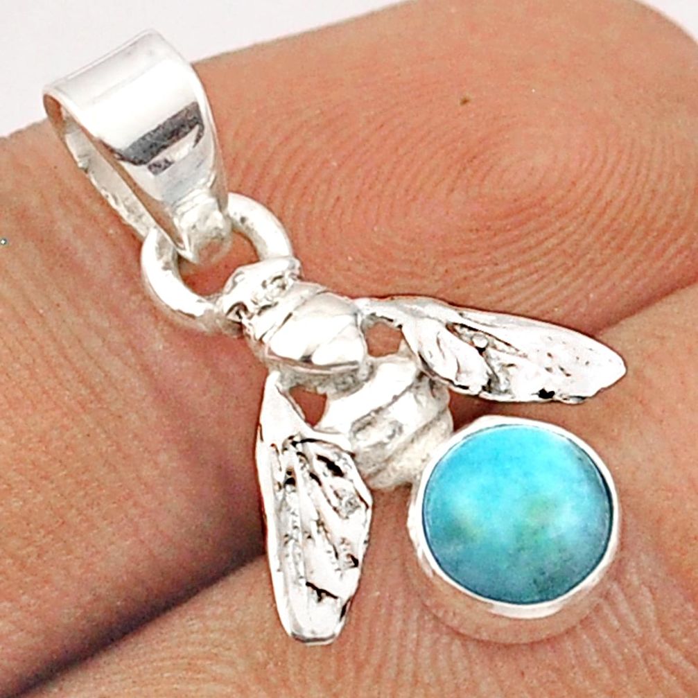 1.12cts natural blue larimar round 925 sterling silver honey bee pendant u13709