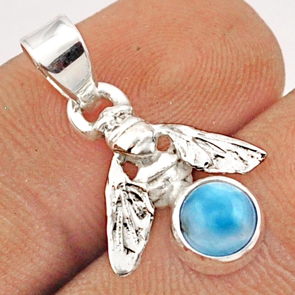 1.13cts natural blue larimar round 925 sterling silver honey bee pendant u13711