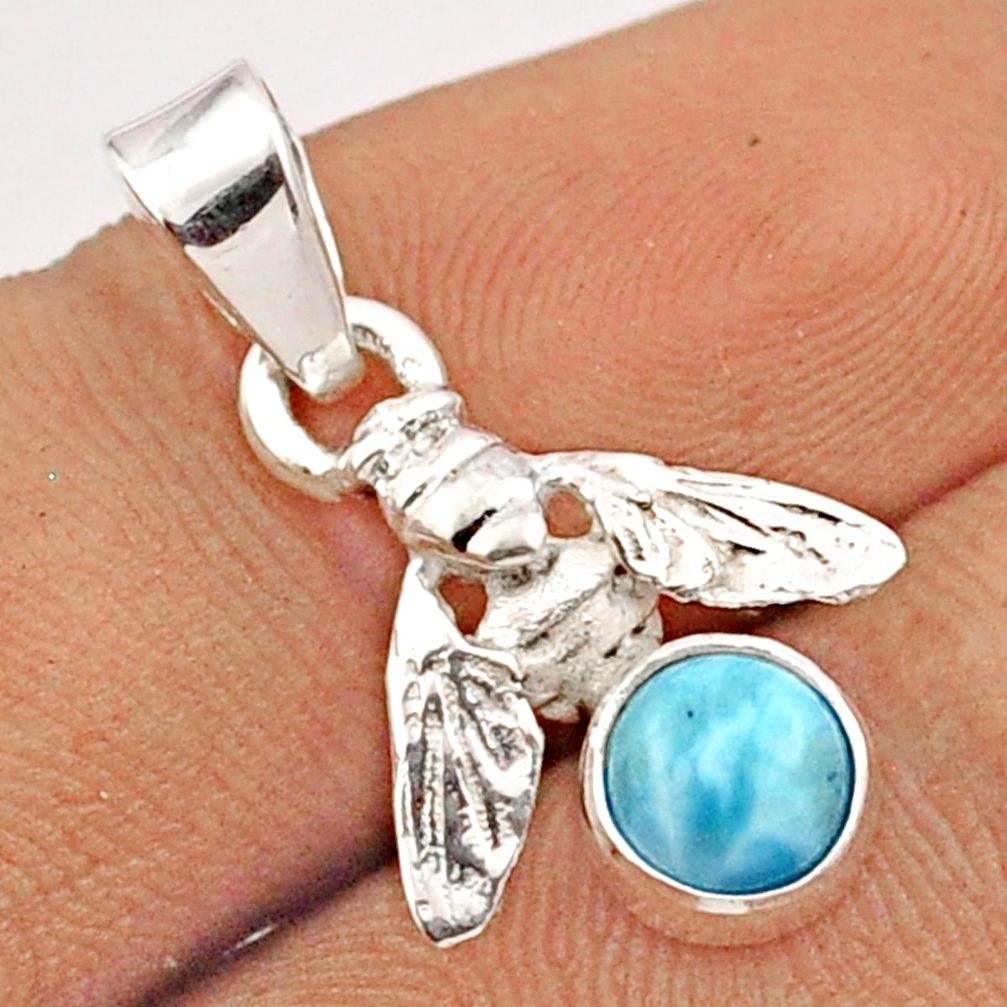 1.10cts natural blue larimar round 925 sterling silver honey bee pendant u13716