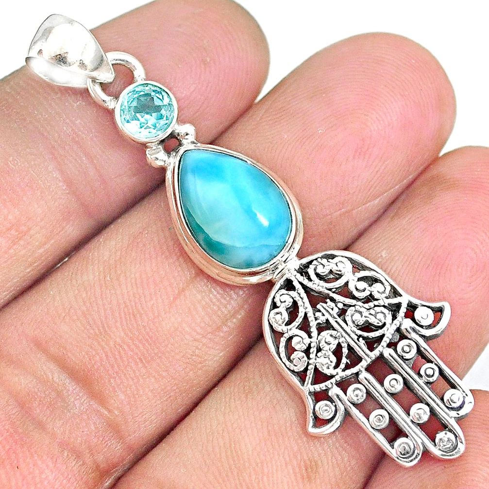 6.85cts natural blue larimar topaz 925 silver hand of god hamsa pendant r90321