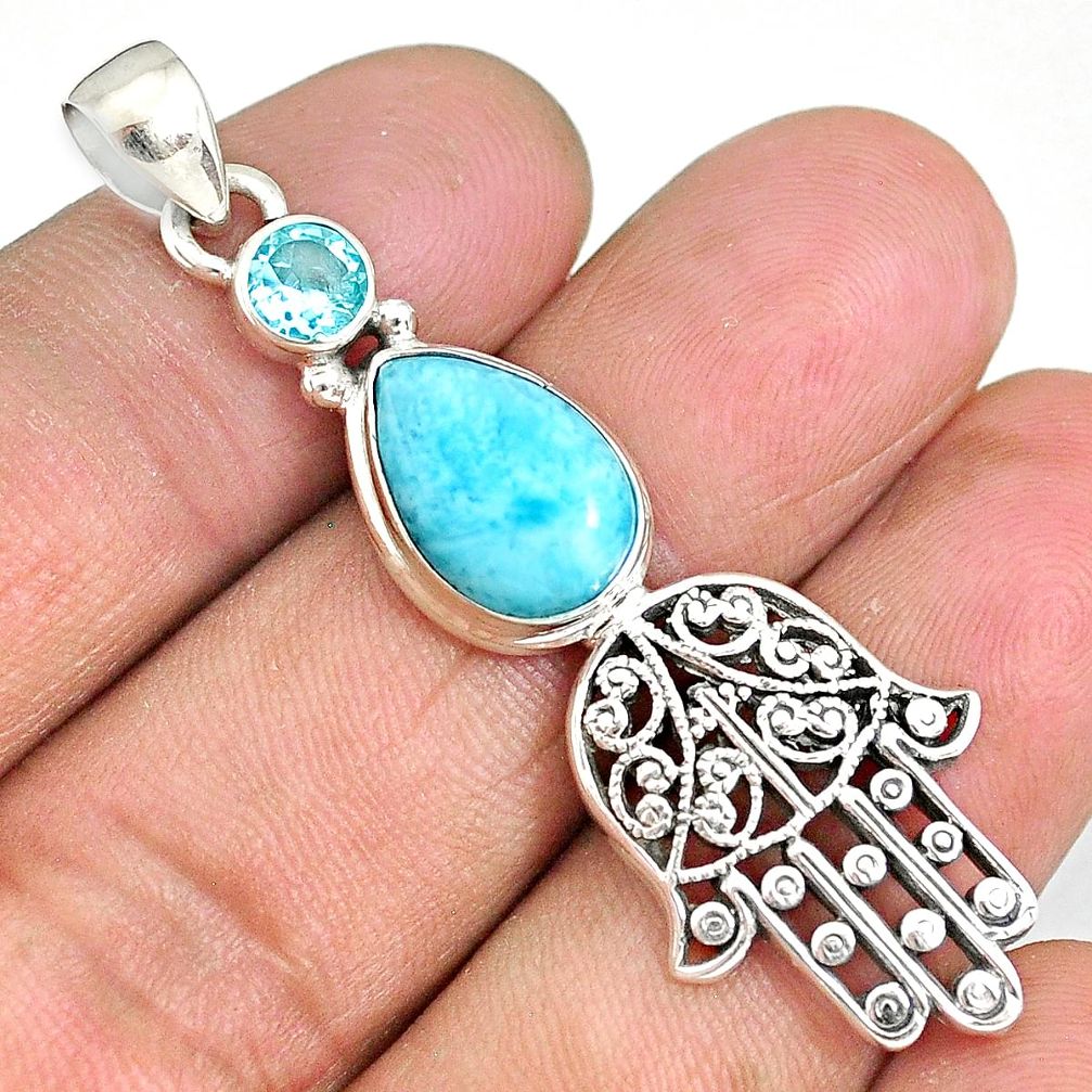 7.03cts natural blue larimar topaz 925 silver hand of god hamsa pendant r90323