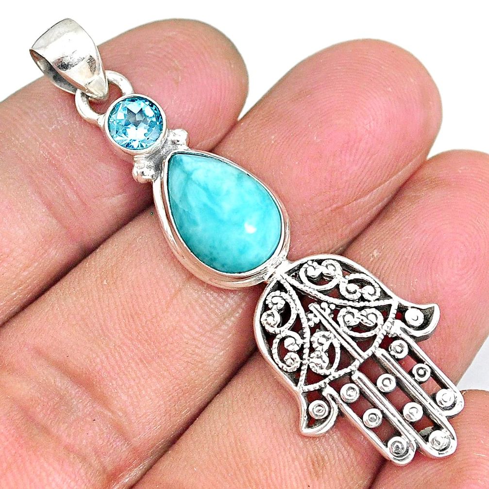 6.76cts natural blue larimar topaz 925 silver hand of god hamsa pendant r90342