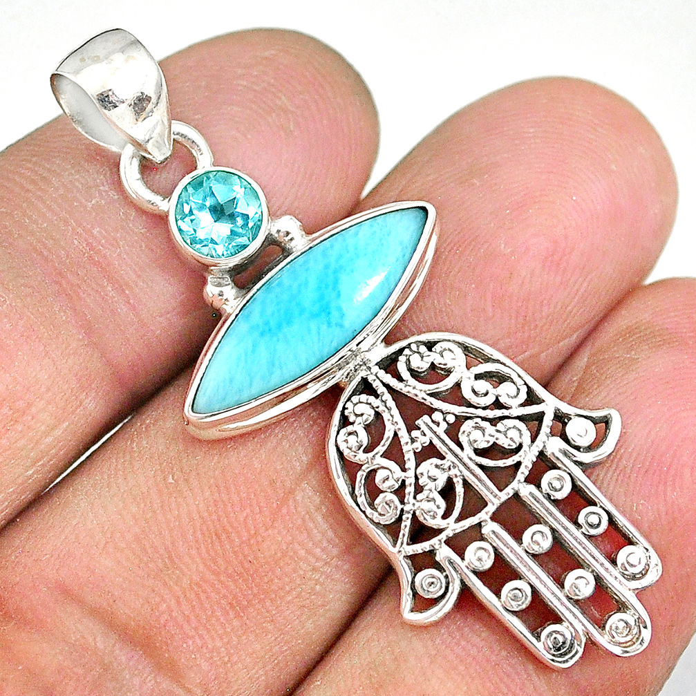 7.62cts natural blue larimar topaz 925 silver hand of god hamsa pendant r90361